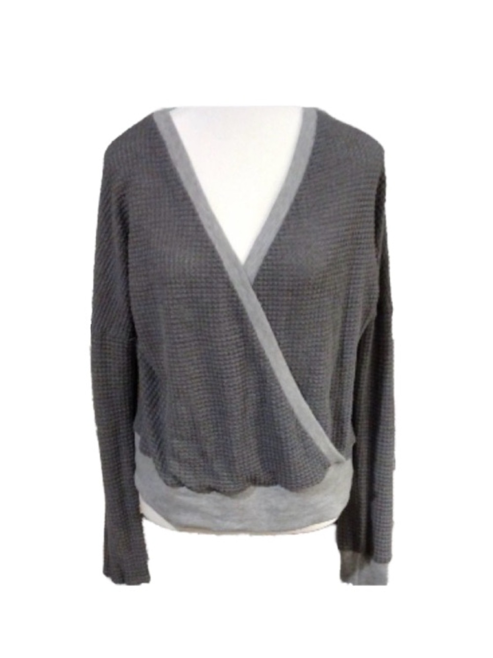 Wrap Front Gray Waffle Knit Long Sleeve Top Size Large